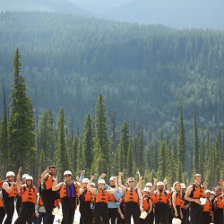 many guests giving a thumbs up after rafting the Kicking Horse River