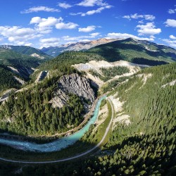 aerial drone photo of kicking horse river and golden bc