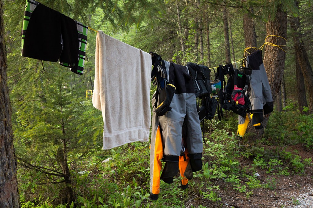 Drying raft gear after a fun day of white water rafting in a raft guide school in BC