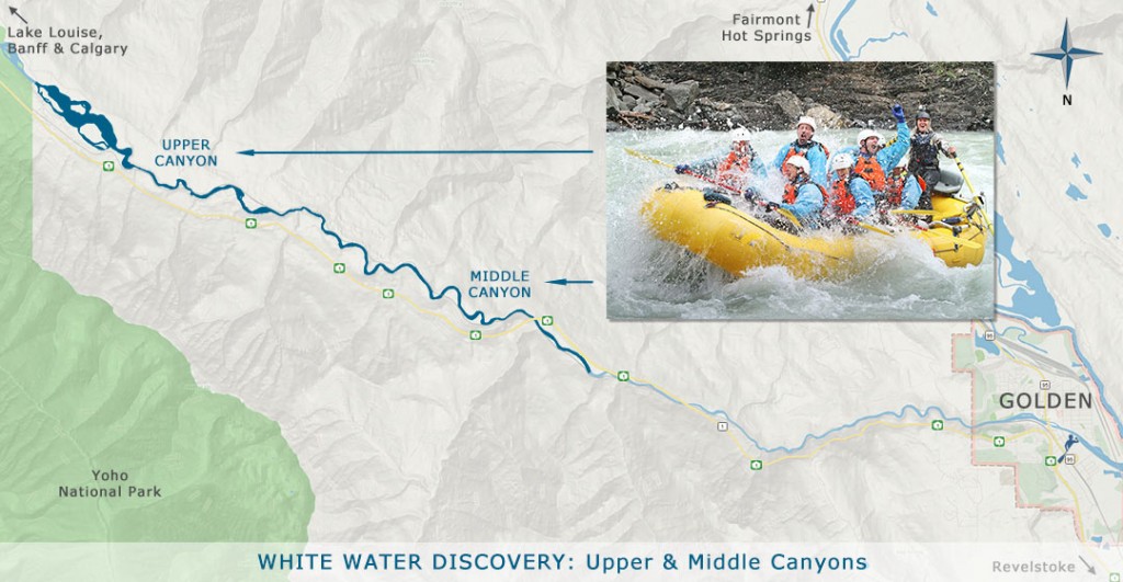 Map showing upper and middle canyons of Kicking Horse River