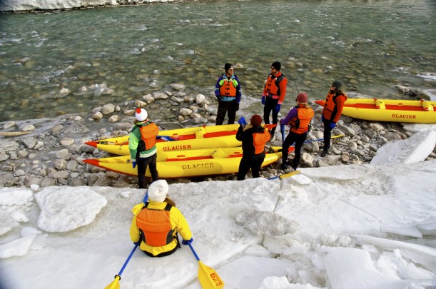 Waiting riverside to start kayaking on the Kicking Horse