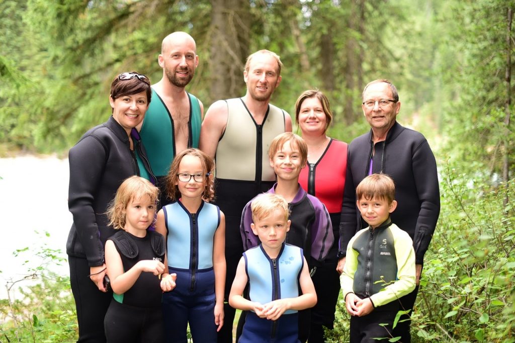 Family participating in child friendly rafting trips in Golden BC