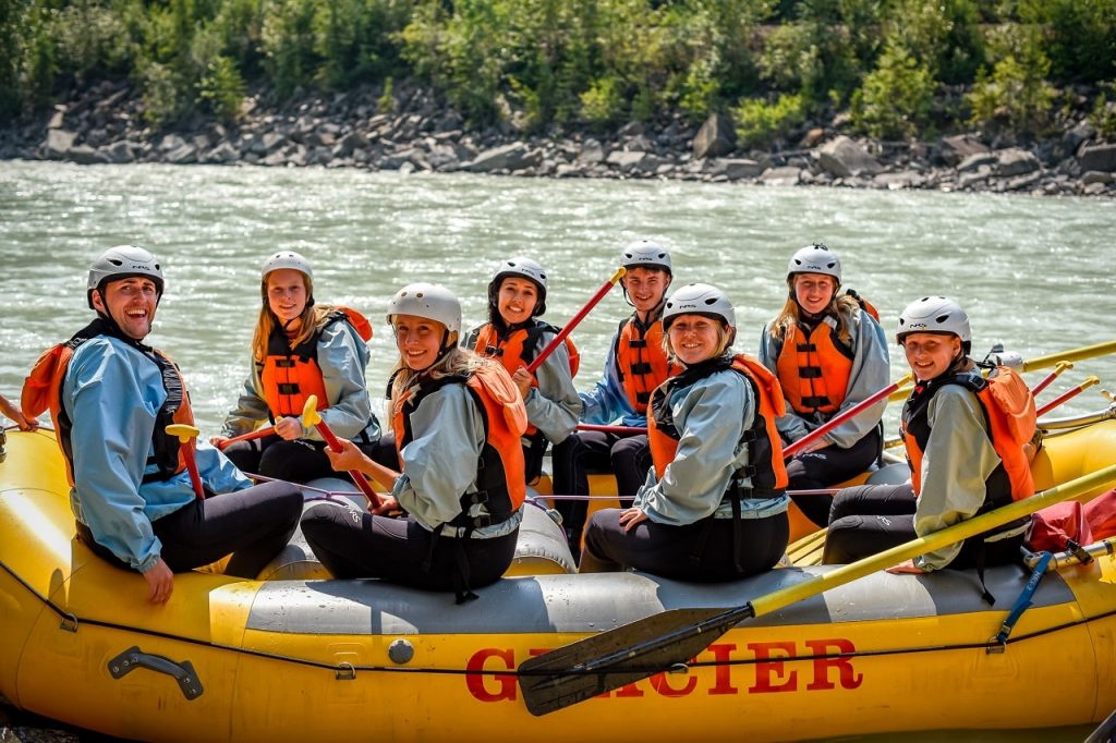 Group ready to enjoy a full day rafting trip in Golden BC - the most popular tour on the Kicking Horse