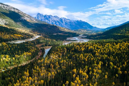 Aerial view Kicking Horse River, Golden BC