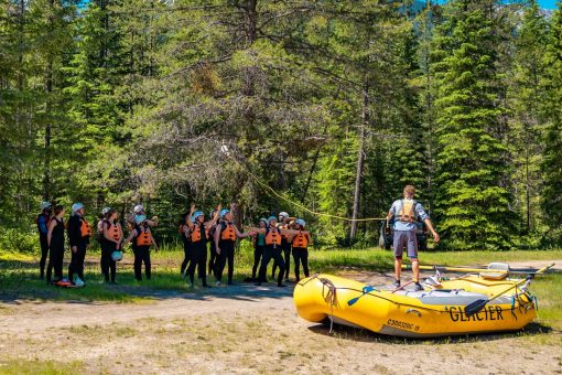 Safety briefing at Glacier Raft Company before rafting the Kicking Horse River